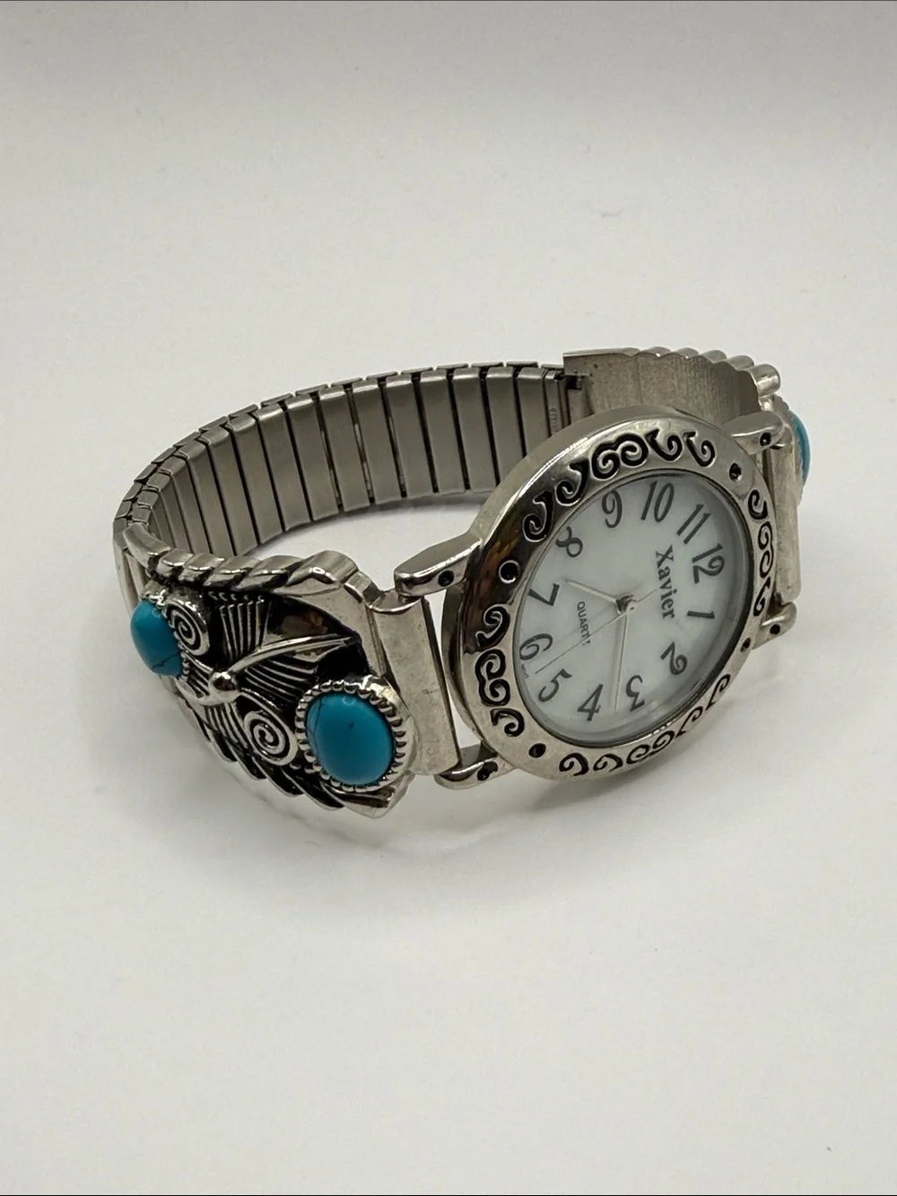Vintage Southwestern Xavier Silver Tone Turquoise Blue Statement Watch Stretch
